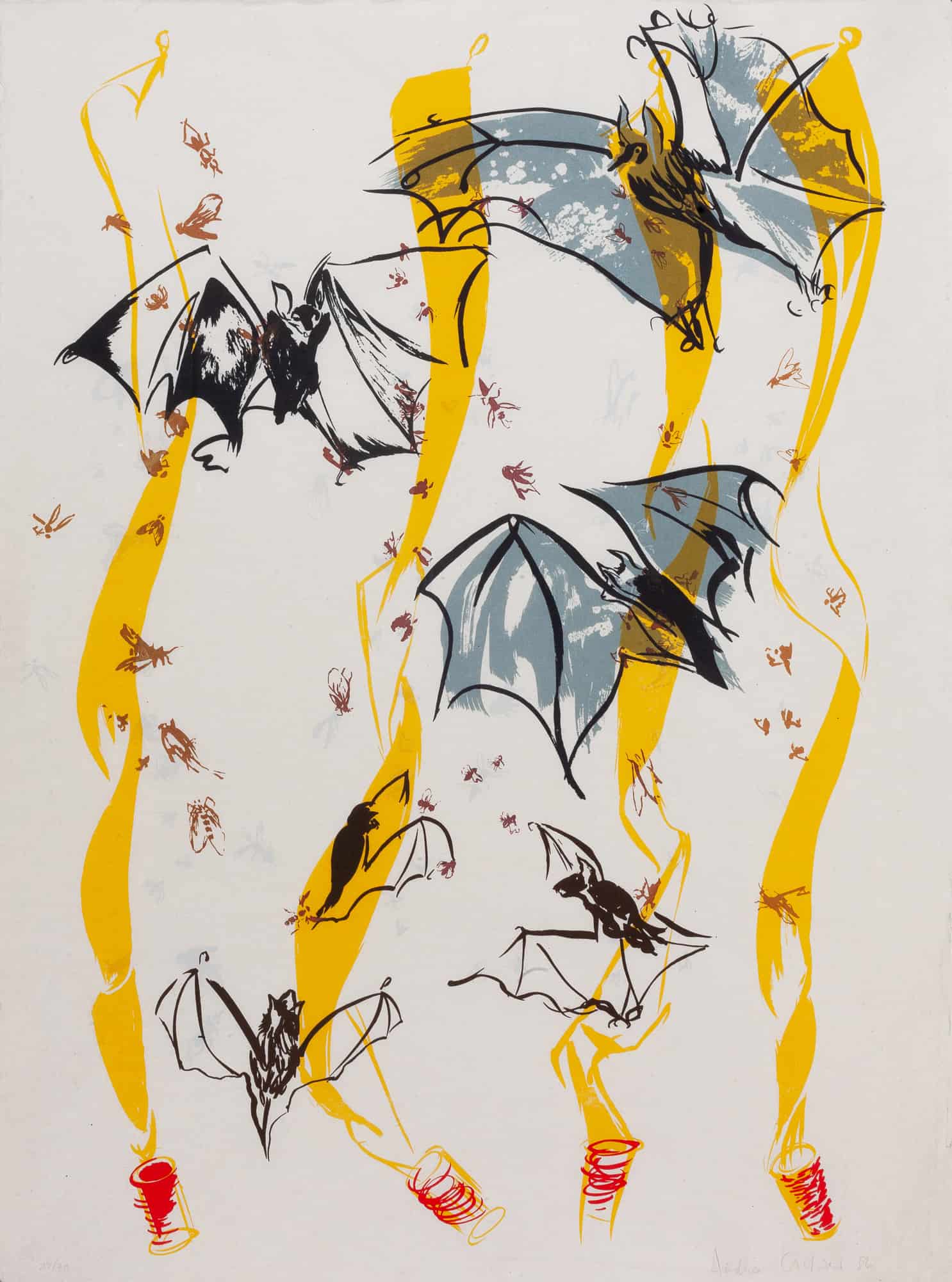 Bats and bugs fly with four pulled out flypapers in the background.